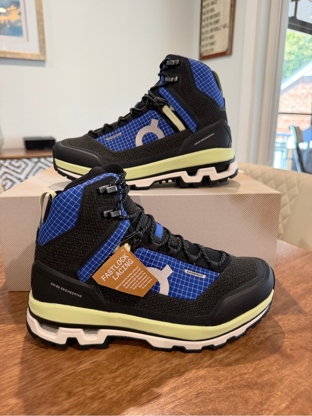 On cloud, Cloudapline Waterproof Hiker Boots in Blue and Black - Fastlock Lacing